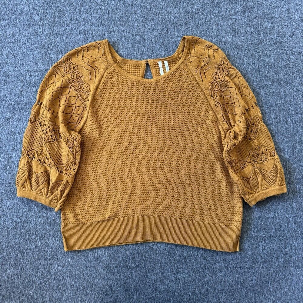 By Anthropologie Martina Pointelle Boho Crochet Sweater Tee Women’s XS Honey - Picture 3 of 9